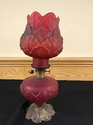 Miniature Oil Lamp Red Satin Embossed Petal Glass Shade Smith 1 Fig 285 AS IS • $152.99