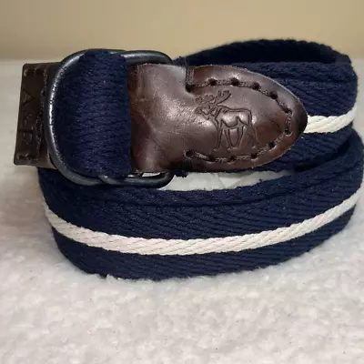 Abercrombie Fitch Belt Mens 30 Navy Blue White Stripe Fabric Moose Logo Ring NEW • $22.49