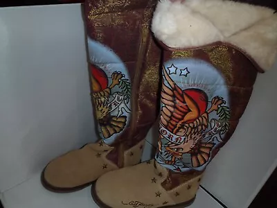 Ed Hardy Born Free American Eagle Faux Fur Lined Winter Tall Boots Women Size 7 • $24.99