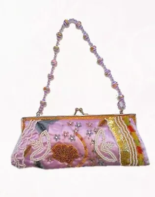 $21.99 • Buy Purple Beaded Embroidered Floral Design Vintage Satin Purse Clutch Evening Bag