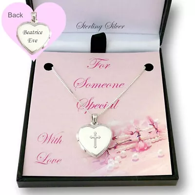 Sterling Silver Locket Necklace With Cross. Personalised Communion Christening • £35.99