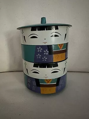 Japanese Kokeshi Doll Lacquer Ware Stacking Bento Bowls Trinket Box Vintage 3  H • $34.99