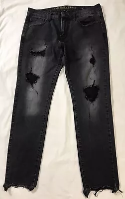 American Eagle Jeans Mens 34x30 Black Extreme Flex 4 Skinny Distressed Raw Hem • $14.99