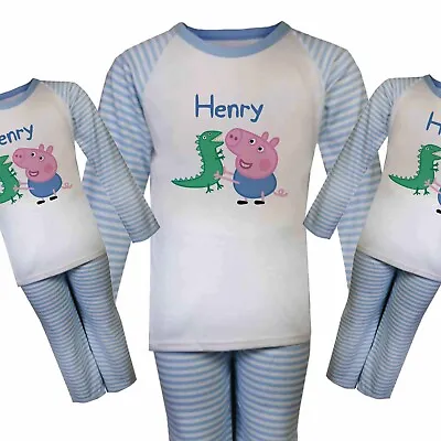 £13.99 • Buy CHILDRENS Personalised PYJAMAS * George Pig  * Blue Stripes * Long Leg
