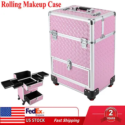 Rolling Makeup Case Pink Cosmetic Makeup Storage Train Case Travel Cart Trunk  • $71.25