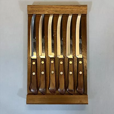 Vintage EKCO Flint Stainless Vanadium 6 Knife Set W/ Wood Tray USA • $55