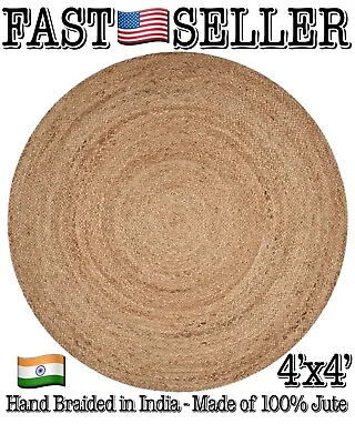 100% Natural Jute Hand Braided In India Indoor Area Rug 4’x4’ Round - NEW! • £77.76