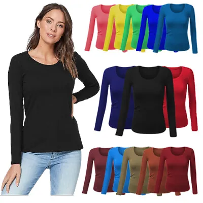 Women Long Sleeve Plain Top Scoop Round Neck Casual T-Shirt Size 8-26 UK  • £7.99