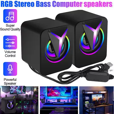 Mini USB Wired Computer Speakers Stereo Bass 3.5mm Aux RGB For PC Laptop Desktop • $12.25