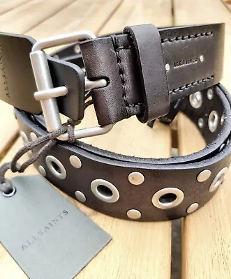 38  Waist Unisex ALLSAINTS Black Leather BELT Studs & Eyelets NEW • £75