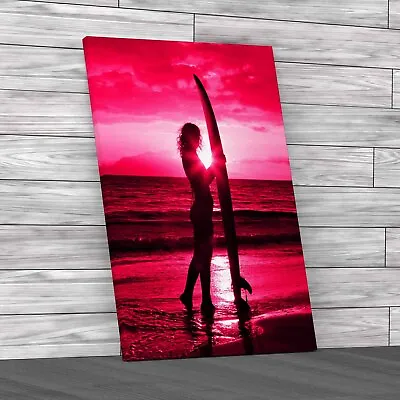 Stunning Woman With Surfboard Tropical Sunset Pink Canvas Print Large Picture • £14.95