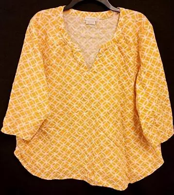 Van Heusen Yellow White Abstract Print V Neck Women's 3/4 Sleeve Top XXL • $14.99