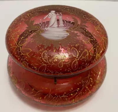 Bohemia Cranberry Glass Gold Paste Dresser Box Vtg Mary Gregory Maiden & Harp • $195