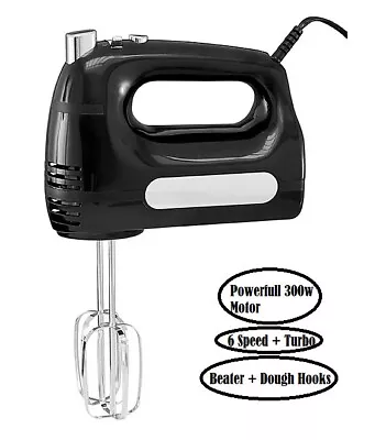 Hand Mixer With Turbo Debranded Powerfull 300w 6 Speed Whisk & Dough Hooks Black • £12.99