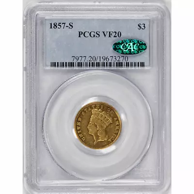 1857-S G$3 Indian Princess Head - PCGS VF20 CAC - Very Nice Original Coin • $1624.99