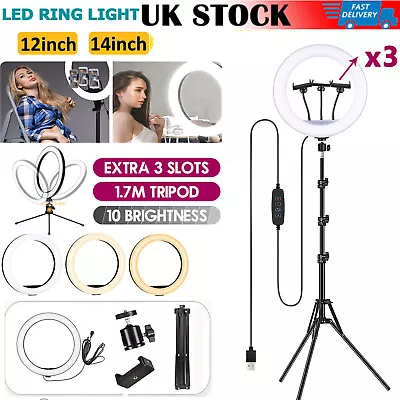 14''LED Ring Light Selfie With 3xPhone Holder/1.7M Stand Live Phone Video Makeup • £19.99