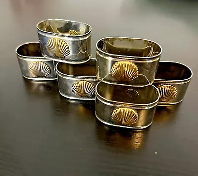 Vintage Silver Gold Colored Metal Shell Napkin Holder Rings Nautical Set Of 6 • $15.95
