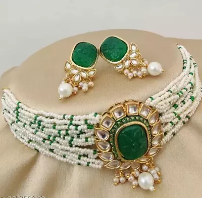 Indian Bollywood Gold Plated Kundan Pearls Choker Necklace Earrings Jewelry Set • $18.90