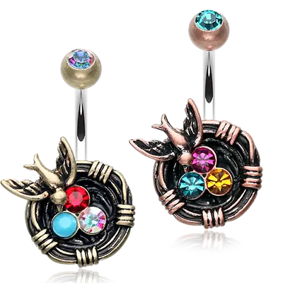 Vintage Boho Sparrow Bird Nest Belly Ring AB Fuchsia Teal Fuchsia Copper CZ Gem • $13.99