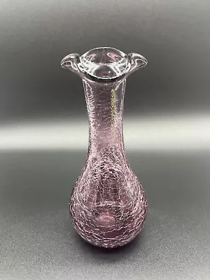 Vintage Purple Amethyst Crackle Art Glass Handblown Bud Vase Ruffled Rim 7.5 In. • $19.99