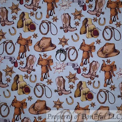 BonEful Fabric FQ Cotton Quilt Green Brown Sheriff Star Badge Boots Horse Shoes • $5.07