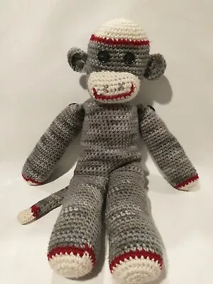£33.27 • Buy Hand Crocheted Sock Monkey Grey Crème Burgundy Plush Toy With Buttons 19   