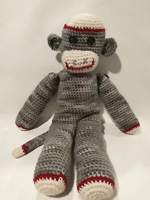 £33.27 • Buy Hand Crocheted Sock Monkey Grey Crème Burgundy Plush Toy With Buttons 19   