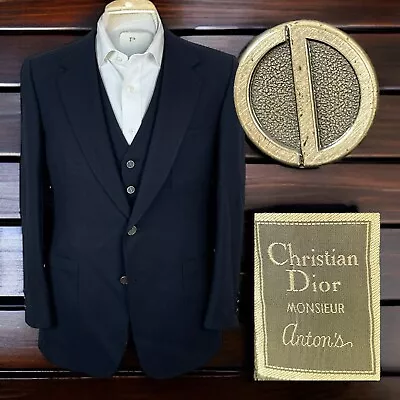 Christian Dior Vintage 2 Piece Suit Blazer Vest Blue Silver Buttons Mens 36S • $79.20