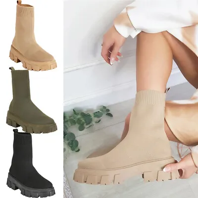 £21.95 • Buy Ladies Sock Ankle Boots Womens Knitted Chunky Cleated Sole Winter Chelsea Shoes