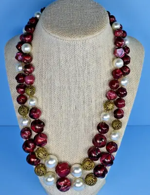 Vintage Double Strand Beaded Burgundy & Faux Pearl Brass Necklace 20.5  • $14.95