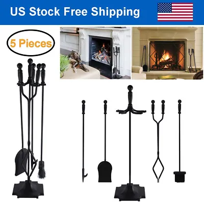 5PCS Wrought Iron Fireplace Tools Set W/ Poker Tongs Shovel Brush Wood Stove • $39.86