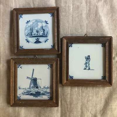 Vintage 3 Wood-Framed Royal Tichelaar Makkum Tiles Delft Blue Holland • $49.99