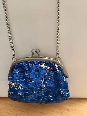 Women's Small Blue Sequined Bag Navy Lining Metal Chain Handle 4 1/2 In By 5 In • $10