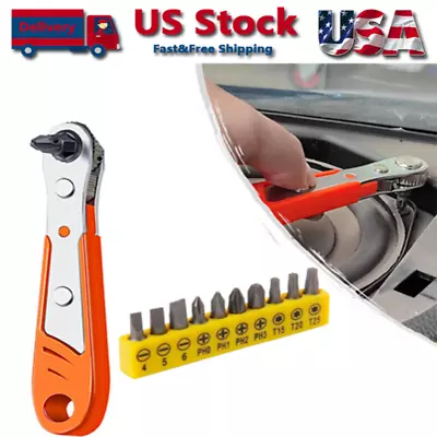 Ratcheting Right Angle Screwdriver Hex Drive 90 Degree Offset + 10pc Bits Set! • $6.98