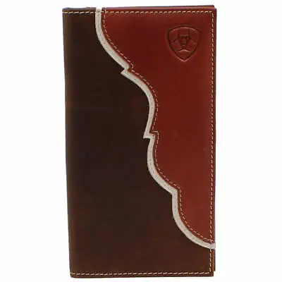 Ariat Mens Overlay Leather Embossed Shield Logo Rodeo Checkbook Wallet Brown • $29