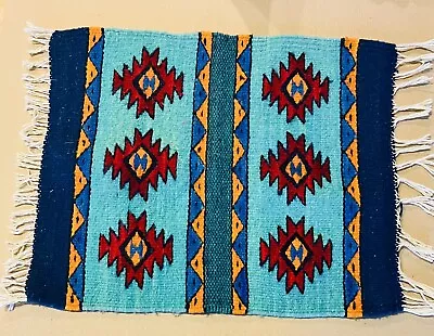 Mexican Indian Navajo Wool Handwoven Turquoise Rug 20 X 15  Reversible • $27.65