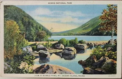 Acadia National Park Bubble Pond Mt. Desert Island Maine 1940 Vintage Linen • $5.95