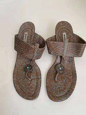 Manolo Blahnik Turquoise  Brown Thong Sandals Kitten Heels Jeweled Detail Sz. 40 • $75