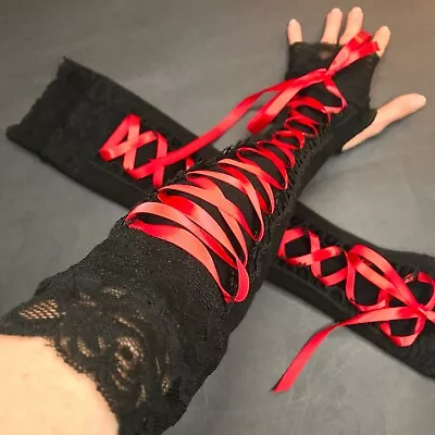 Black Corset Arm Warmers Red Lace Up Gloves Long Ribbon Gothic Wedding Bridal • $48