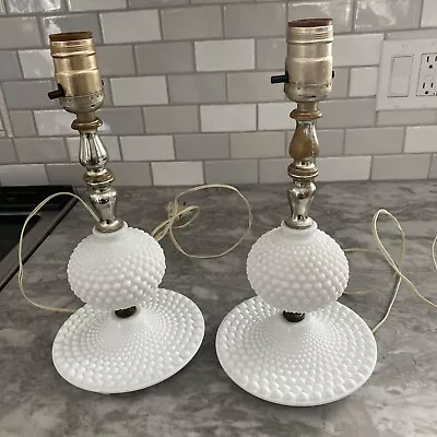 Vintage Milk Glass White Hobnail Bubble Set Of 2 Lamps Bedroom 11  1950's • $14.99