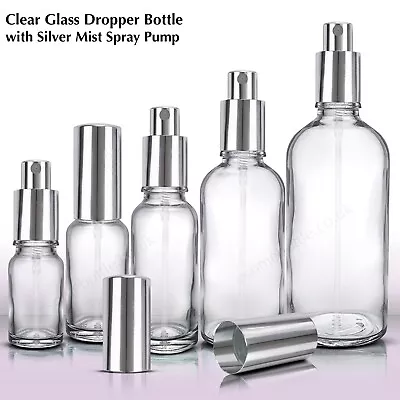 CLEAR Glass Spray Bottle With Silver Mist Spray Atomiser Pump Wholesale UK Stock • £54.65