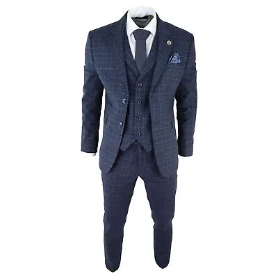 Mens Tweed 3 Piece Suit Blue Check Vintage 1920s Gatsby Blinders Tailored Fit • $222.32