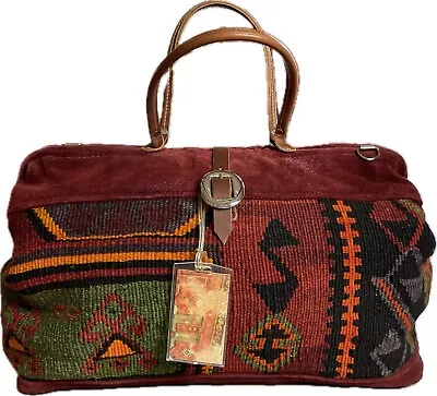 Vintage Claudia Wool Turkish Kilim Carpet Bag Tote Satchel Doctor’s Bag Burgundy • $338.22