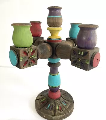 Vintage Wood Carved Candelabra Mexican Folk Art 5 Candle Holders Sticks Folk Art • $29.99