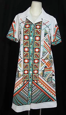 VTG Mod Geometric Graphic Print Shirt Dress 12 Waitress Of White Teal Orange Art • $39.50