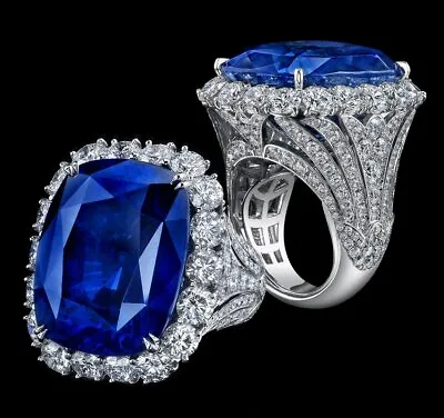 $375 • Buy Huge Cushion Cut 34.05CT Cornflower Blue Sapphire With 18.54CT White CZ Ring