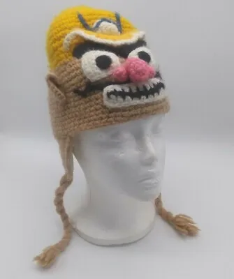 Super Mario Bros Wario Head Knitted Laplander Beanie Hat Wool Hand Made       SH • $21.24