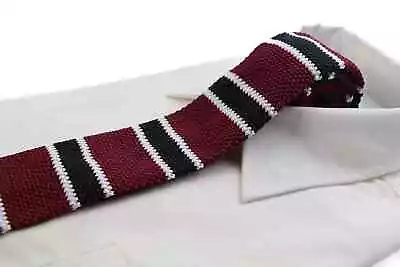 Knitted Maroon Black & White Striped Patterned Neck Tie • $7.39