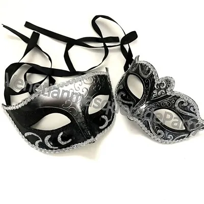 Black Silver Masquerade Ball Mask Pair Set Costume Prom Formal Black Tie Party • $15.07