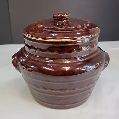 Marcrest USA Brown Daisy Dot Oven Proof Stoneware Bean Pot Lid 7  Tall • $9.95